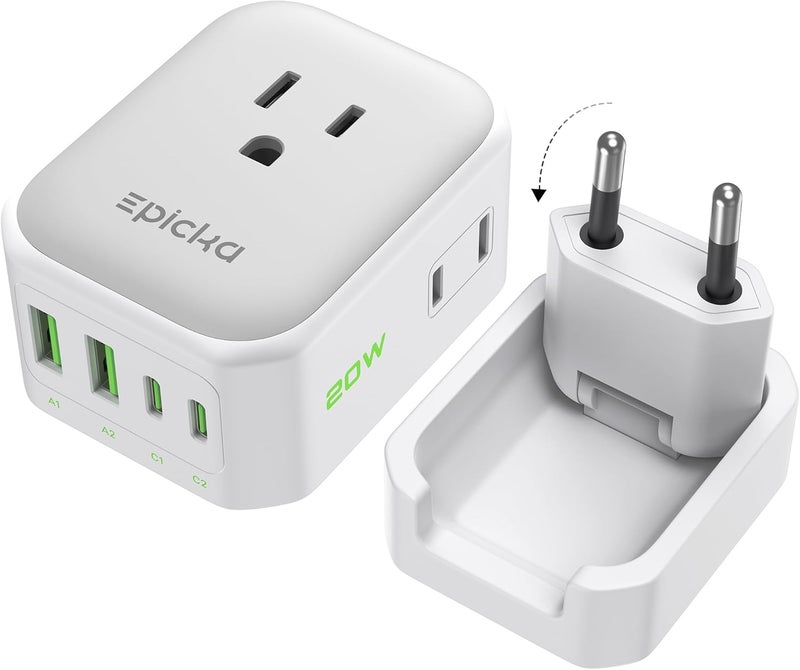 EPICKA Hybrid European Travel Plug Adapter, Foldable & Detachable Type C (EU) VisaPlug, 8-IN-1 International Power Adapter with 4 USB Ports (2 USB-C PD 20W) - Travel Essentials for US to Europe, White - Image 1